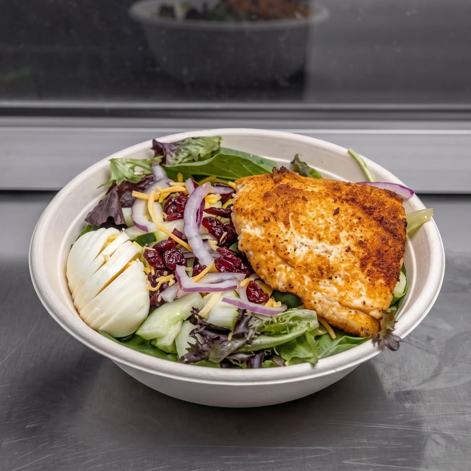 A salad with grilled chicken, sliced egg, cranberries, red onion, and cheese in a white bowl.