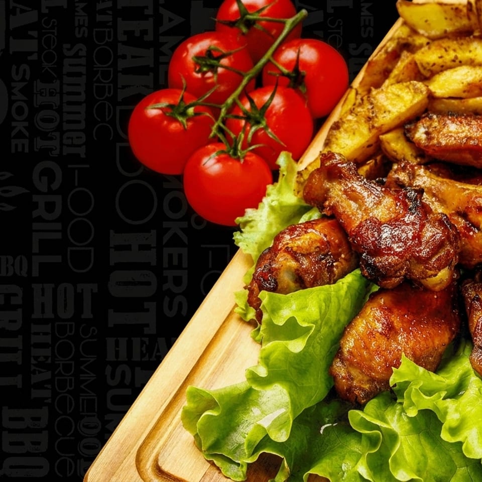 Grilled chicken wings, potato wedges, fresh tomatoes, and dipping sauce on a wooden board.