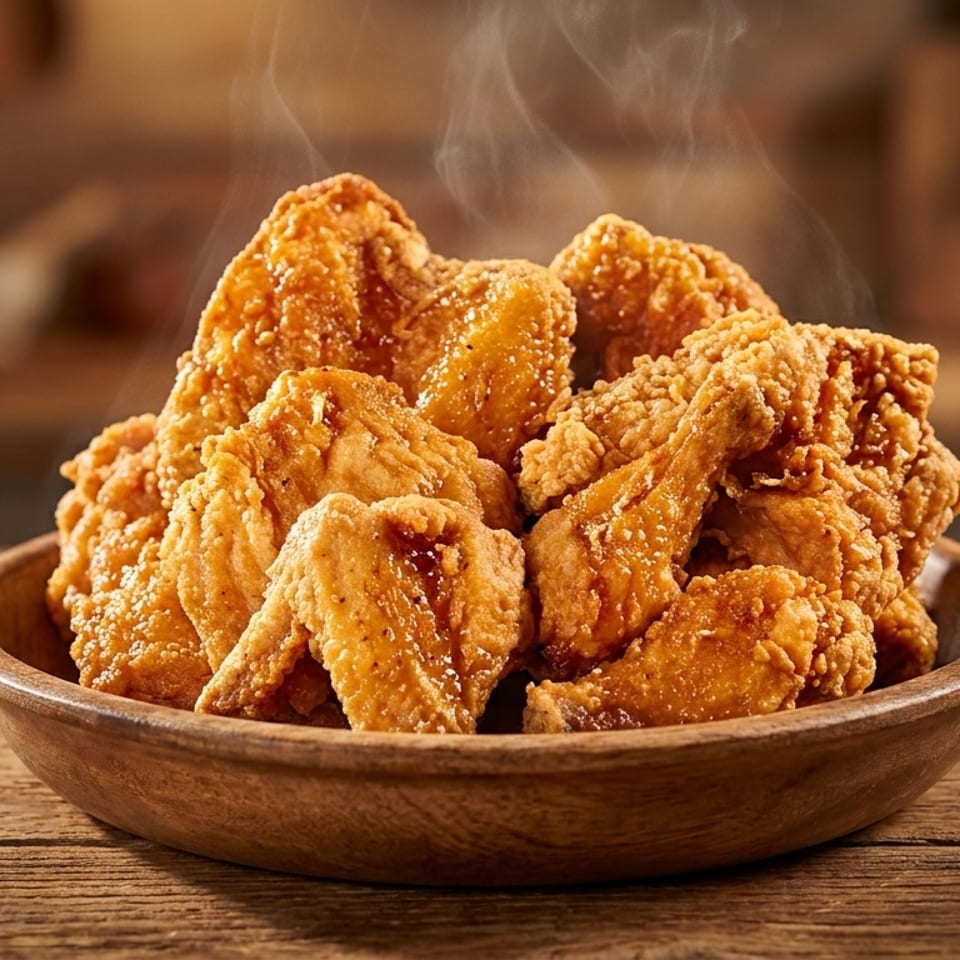 Steaming hot fried chicken pieces in a wooden bowl on a rustic wooden table.