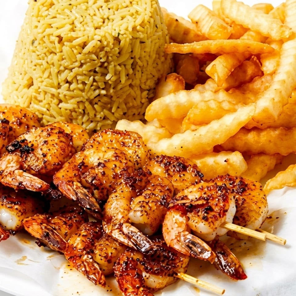 Grilled shrimp skewers with seasoned rice and crinkle-cut fries on a white plate.