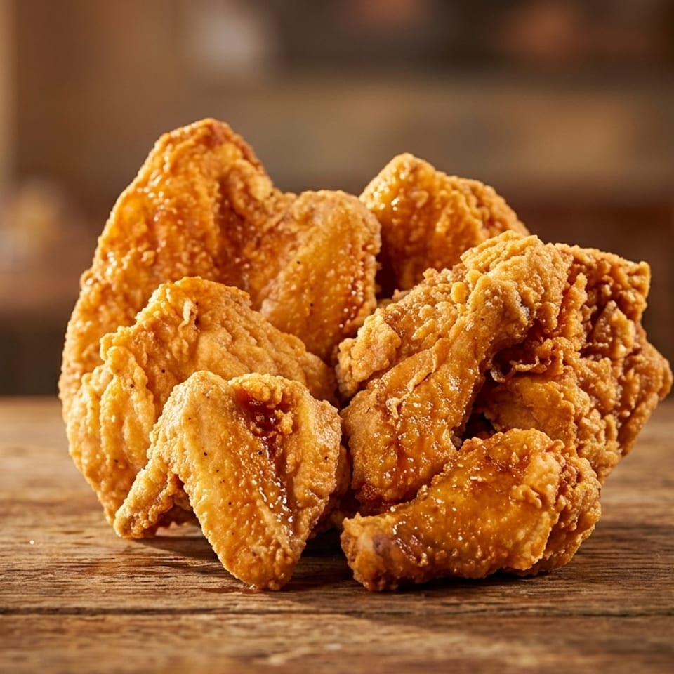 Pile of crispy, golden-brown fried chicken pieces on a rustic wooden table.